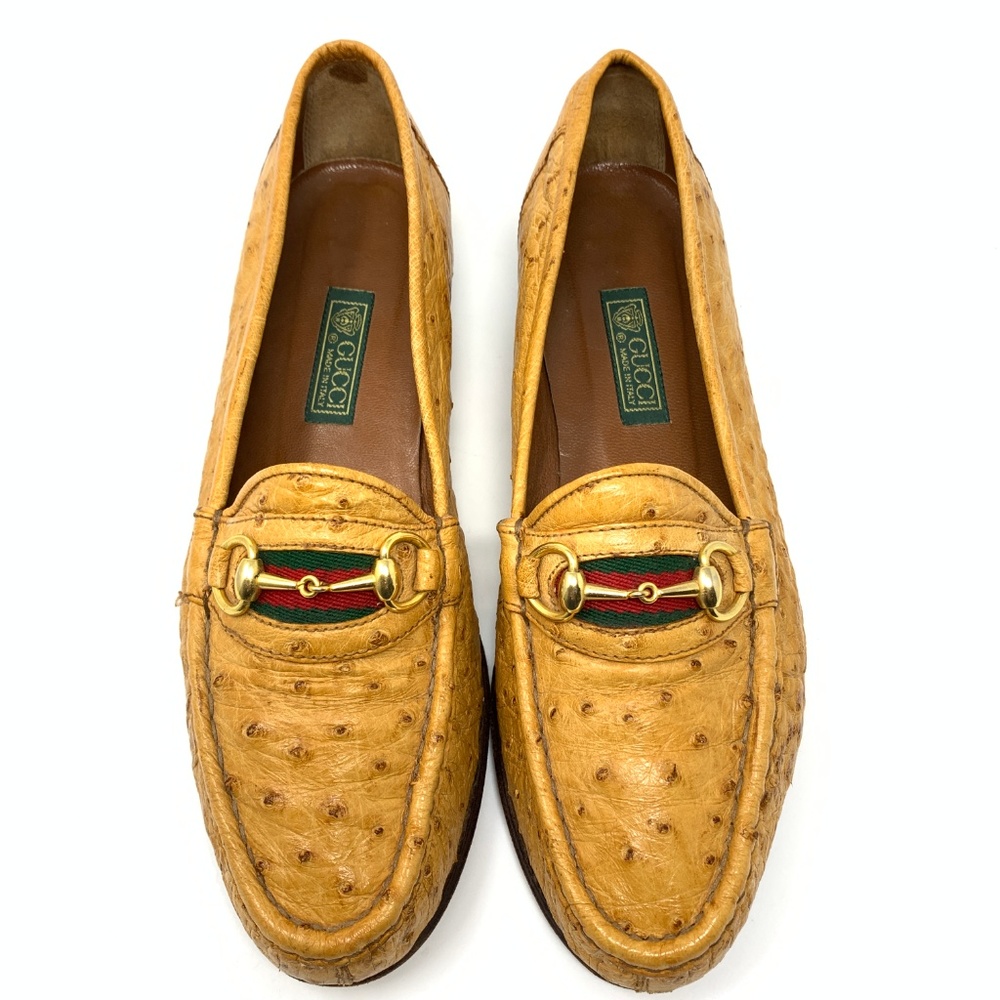 Gucci Ostrich Red Ribbon Gold Bit Exotic Loafer Gem